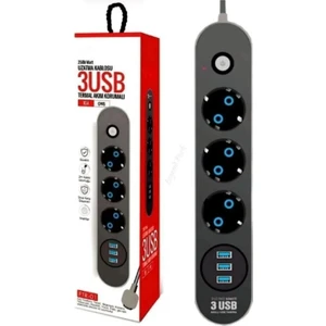 FTR-01 3x USB Çıkışlı 3'lü 2 M Metre Çocuk Akım Korumalı Priz Uzatma Kablosu