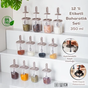 1100 Kaydırmalı Kaşıklı Sızdırmaz Kapaklı Etiketli 12'li Baharatlık Seti Saklama Kabı