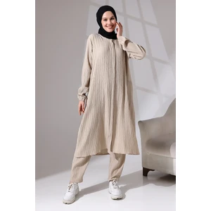 Kadın Bürümcük Kumaş Gizli Fermuarlı Ikili Takım Hac Umre Kıyafeti Bej