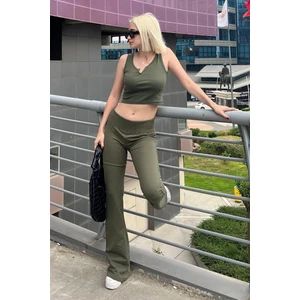Haki Beli Fitilli Yüksek Bel Ispanyol Paça Pantolon MG2096