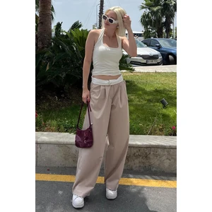 Bej Yüksek Bel Rahat Kesim Bol Paça Pantolon Mg2120