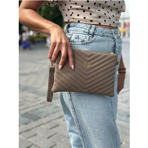 Kadın Saten Kumaş Ayarlanabilir Çapraz ve El Askılı Vizon Renkli Portföy, Clutch Çanta