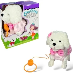 Tasmalı Hareketli Yürüyen Peluş Köpek Pembe Fiyonklu