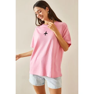 Pembe Bisiklet Yaka Yazılı Oversize Tshirt 5YXK1-48701-20