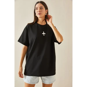 Siyah Bisiklet Yaka Yazılı Oversize Tshirt 5YXK1-48701-02
