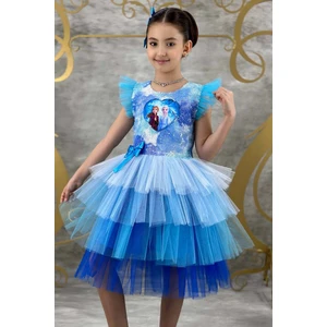 Kız Çocuk Karlar Kraliçesi Baskılı Üstü Pulpayet Tüllü Mavi Elbise