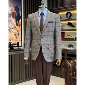 Terzi Adem Altun klasik kesim regular fit mono yaka ekose erkek ceket kahverengi T12504