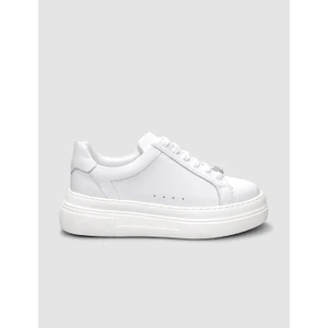 %100 Hakiki Deri Beyaz Bağcıklı Kadın Sneaker