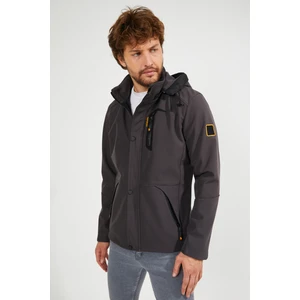 Erkek Antrasit Kapüşonlu Su ve Rüzgar Geçirmez Cep Detaylı Içi Kürklü Softshell Mont