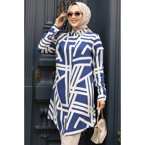 Neva Style Desenli Lacivert Tesettür Viskon Tunik 11666L