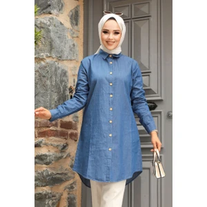 Neva Style Düğmeli Lacivert Tesettür Kot Tunik 11692L