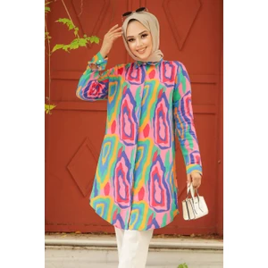 Neva Style Desenli Pembe Tesettür Tunik 11679P
