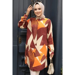 Neva Style Desenli Kahverengi Tesettür Viskon Tunik 11682KH