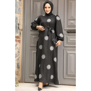 Neva Style Çiçek Desenli Gümüş Tesettür Elbise 30442GMS