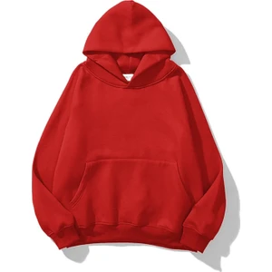 Kadın Kırmızı Baskısız Kanguru Cepli Kapüşonlu 3 Iplik Şardonlu Sweatshirt
