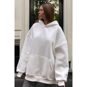 Kadın Beyaz  Kanguru Cepli Kapüşonlu 3 Iplik Şardonlu Oversize Sweatshirt