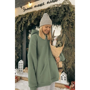 Kadın Haki Yeşil Kanguru Cepli Kapüşonlu 3 Iplik Şardonlu Oversize Sweatshirt