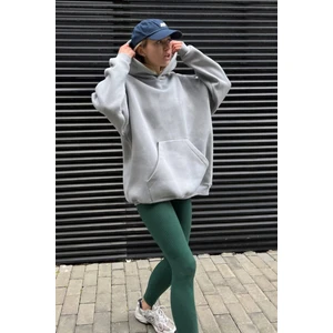 Kadın Gri Kanguru Cepli Kapüşonlu 3 Iplik Şardonlu Oversize Sweatshirt