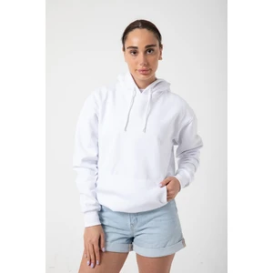 Beyaz Baskısız Kanguru Cepli Kapüşonlu 3 Iplikli Şardonlu Oversize Kadın Sweatshirt