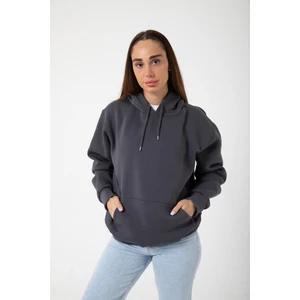 Füme Baskısız Kanguru Cepli Kapüşonlu 3 Iplikli Şardonlu Oversize Kadın Sweatshirt