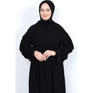 Yaka Fermuarlı Büzgülü Kol Bağcıklı Uzun Tesettür Elbise