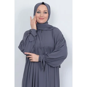 Yaka Fermuarlı Büzgülü Kol Bağcıklı Uzun Tesettür Elbise