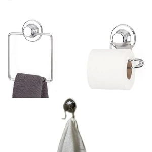 Hem Vakumlu Hem Vidalı Banyo Aksesuarı 3 Lü Set Kare Havluluk + Tuvalet Kağıtlığı + 2 Kancalı Havlu Askısı