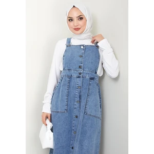 Hafsa Mina  Düğmeli Kot Salopet Elbise Mavi Hm22456