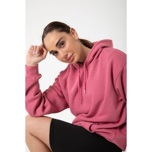 Mürdüm Baskısız Kanguru Cepli Kapüşonlu 3 Iplikli Şardonlu Oversize Kadın Sweatshirt