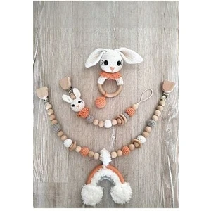 Ahşap Diş Kaşıyıcı Puset Oyuncağı ve Ahşap Emzik Zinciri, Emzik Tutucu Amigurumi Oyuncak