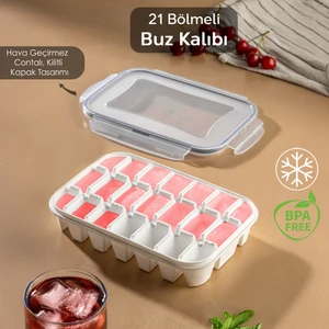 Meleni Home 21 Bölmeli Sızdırmaz Kilitli Buz Kalıbı - Pratik Kapaklı Hava Geçirmez Buzluk - Vakumlu Buz Kabı