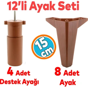 Mobilya Tv Ünitesi Çekyat Koltuk Kanepe Destek Ayağı Yükseltici 15 cm Kahverengi Baza Ayak 12'li Set