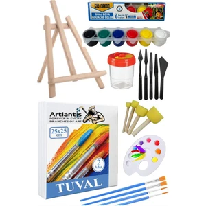 25 x 25 Tuval Seti 1 Paket Masa Üstü Şövale Mydido Akrilik Boya Plastik Spatula Resim Fırçası Palet Ponpon Sünger Fırça