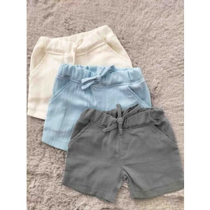 Erkek Organik Şile Bezi Pamuklu 3'lü Set (Gri, Mavi, Ekru) Beli Lastikli Cepli Bebek ve Çocuk Şortu