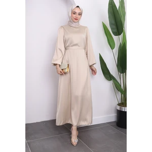 Bej Hakim Yaka Balon Kol Saten Abiye Elbise