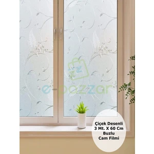 3 Metre x 60 cm Uv Koruyucu Dekoratif 3D Buzlu Çiçek Desenli Cam Banyo Pencere Folyosu Statik Sticker