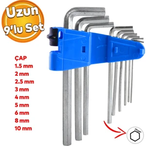 Allen Alyan Krom Anahtar Uzun 9'lu Set Altıgen Vida Sıkma Sökme Metal 1.5 2 2.5 3 4 5 6 8 10 mm