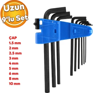 Allen Alyan Siyah Anahtar Uzun 9'lu Set Köşeli Vida Sıkma Sökme Metal 1.5 2 2.5 3 4 5 6 8 10 mm