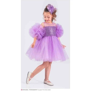 Lila Ponponlu Tokali Tütü Çocuk Abiye Elbise Kostüm