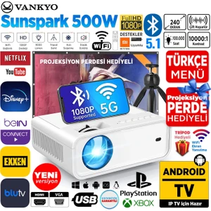 Sunspark 500W Android TV 1080P Destekli Projeksiyon Cihazı 5G Wi-Fi + 5.1 Bluetooth - LCD LED - 240 Inç Yansıtma-Dahili Hoparlör-PS5/XBOX/HDMI/USB/VGA/AV