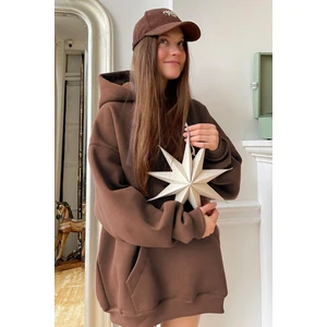 Kadın Kahverengi  Kanguru Cepli Kapüşonlu 3 Iplik Şardonlu Oversize Sweatshirt