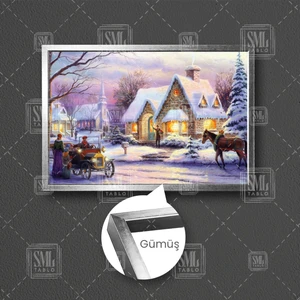 SML Tablo Yılbaşı Ağacı Beyaz Örtüyle Kaplanan Evler Sokaklar Kar Çerçeveli Yatay Kanvas Tablo