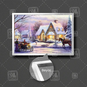 SML Tablo Yılbaşı Ağacı Beyaz Örtüyle Kaplanan Evler Sokaklar Kar Çerçeveli Yatay Kanvas Tablo
