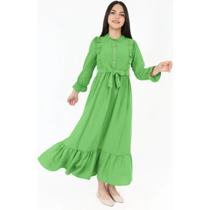 Kiz Cocuk Aerobin Keten Kumaş Tam Boy Uzun Erik Yeşili Tesettür Elbise-ELB-0007