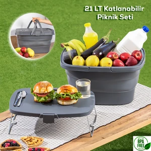 07-1304 Katlanır Piknik Sepeti - Silikonlu Katlanabilir Saklama Kabı- 21 L