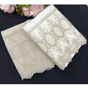 Modares Store Yakut Fransız Dantelli Çeyizlik Kadife El ve Yüz Havlusu 2'li Set Krem&capp
