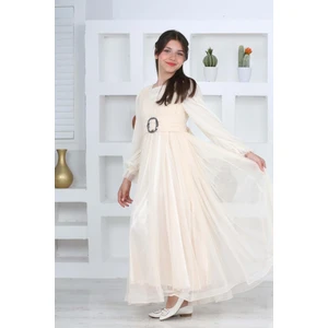 Kız Çocuk Astarlı Krem Uzun Tesettür Abiye ELBISE-ABY-0037