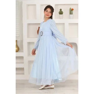 Kız Çocuk Astarlı Bebe Mavi Uzun Tesettür Abiye ELBISE-ABY-0037