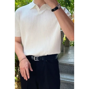 Cool Tarz Beyaz Erkek Fitilli Polo Yaka Triko T-Shirt