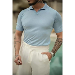 Cool Tarz Erkek Mavi Patlı Kısa Kollu Polo Yaka Triko T-Shirt